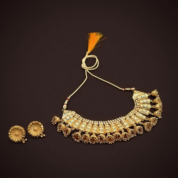 Bollywood Oxidized 18K Gold-Plated Enamelled Stone-Studded Temple Jewellery Set With Earring  Jewellery Set for Women with Earring