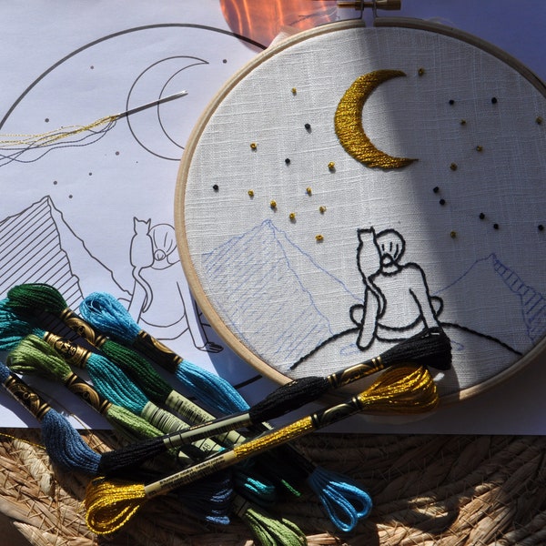 Kit d'initiation à la broderie : broderie traditionnelle DIY paysage étoilé