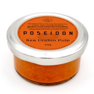 May include: A small, clear glass jar with a silver lid, filled with orange sea urchin pulp. The label reads "POSEIDON Sea Urchin Pulp" and lists the weight as 55g. The jar is on a white background.