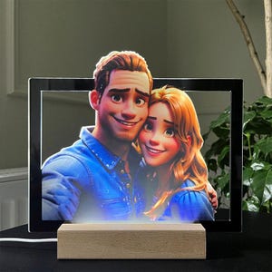 Luce notturna con cornice per foto 3D personalizzata in stile cartone animato, con foto di famiglia e caricature personalizzate.
