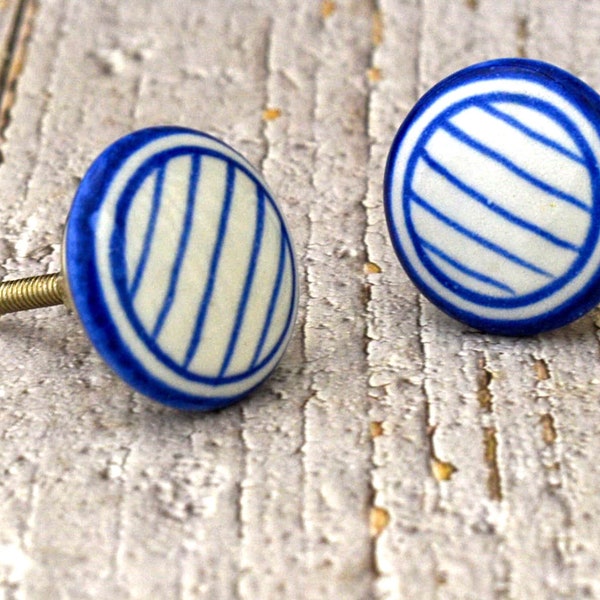 ARTISNO Blue Striped Ceramic Cabinet Drawer Pull /Knobs Hand Painted /Use for Cupboard And Wardrobe Door/ Kitchen cabinet pull SET OF 10