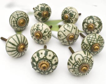 Puxadores/botões de gaveta de cerâmica floral verde ARTISNO, pintados à mão, para armários e portas de guarda-roupas, puxadores para armários de cozinha. Conjunto com 24 unidades.