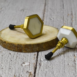 ARTISNO Hexa Marble Brass Knob | Pull Handle | Drawer Knob | Furniture Knob | Cabinet Knob | Gold | Natural Stone | Brass Handle, set-6