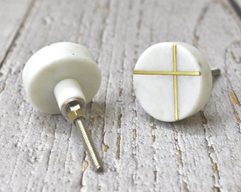 ARTISNO White Round Marble Brass Knob, Modern Cabinet Knob, Decorative Furniture Hardware, Cabinet Handles,Natural Stone Dresser Pull set-6