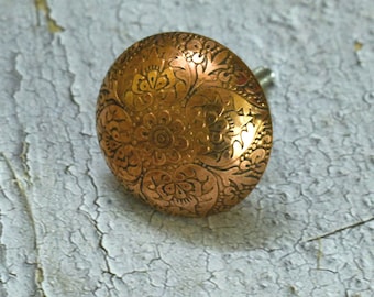 Copper Knobs - Moroccan Copper drawer knob, floral etched Copper Cupboard Pull,Round Kitchen Cabinet Pull, Decorative Knobs, set-6