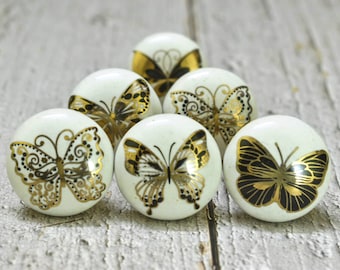 Ensemble de 6 boutons de porte en céramique papillon blanc et doré ARTISNO, touche florale pour commodes, tiroirs, placards de cuisine et armoires.
