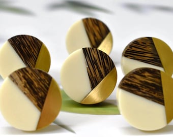 Perillas de cajón de resina, madera y latón: tiradores únicos para gabinetes, perillas redondas de resina, tiradores para cajones de gabinetes, perillas para cajones, perillas y tiradores para gabinetes, juego de 6