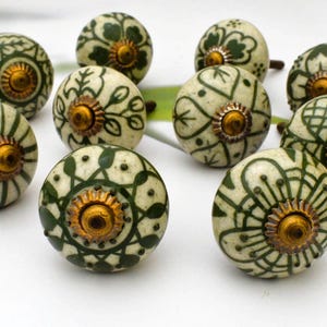 ARTISNO Green Floral Ceramic Cabinet Drawer Pull /Knobs Hand Painted /Use for Cupboard And Wardrobe Door/ Kitchen cabinet pull SET OF 10