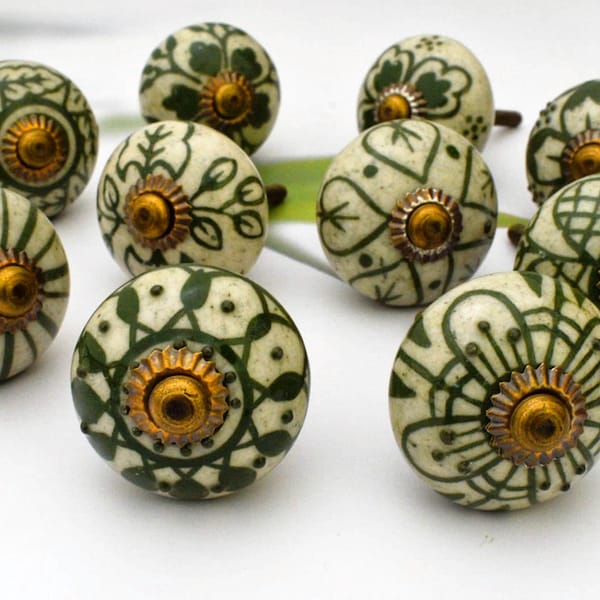 ARTISNO Green Floral Ceramic Cabinet Drawer Pull /Knobs Hand Painted /Use for Cupboard And Wardrobe Door/ Kitchen cabinet pull SET OF 10