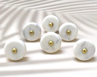 WhiteRound Marble Brass Knob, Modern Cabinet Knob, Decorative Hardware, Furniture Hardware, Cabinet Handles, Dresser Pull, set-6