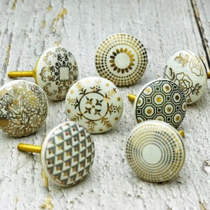 ARTISNO White and Gold Ceramic Cabinet Drawer Pull /Knobs Hand Painted /Use for Cupboard And Wardrobe Door/ Kitchen cabinet pull/ Set of- 8