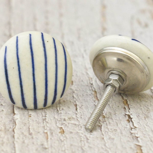 ARTISNO Blue Striped Ceramic Cabinet Drawer Pull /Knobs Hand Painted /Use for Cupboard And Wardrobe Door/ Kitchen cabinet pull SET OF 10
