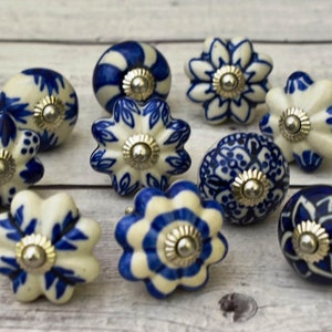 ARTISNO Blue Floral Ceramic Cabinet Drawer Pull /Knobs Hand Painted /Use for Cupboard And Wardrobe Door/ Kitchen cabinet pull SET OF 10
