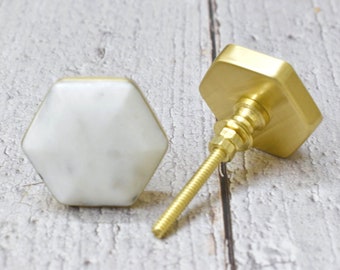 Tirador de latón con diseño hexagonal de mármol ARTISNO, tirador de cajón, tirador para muebles, tirador para gabinete, dorado, piedra natural, tirador de latón, juego de 6