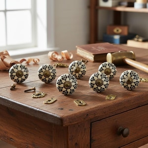 May include: A collection of floral-patterned cabinet knobs with brass hardware. The knobs feature a cream-colored base with black floral designs and a brass center. Various brass hardware pieces are scattered on the wooden surface.