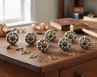 Tiradores de cerámica en blanco y negro estilo vintage de ARTISNO para armarios de cocina, armarios de baño, cajones de cómodas y cajoneras. Tiradores hechos a mano.