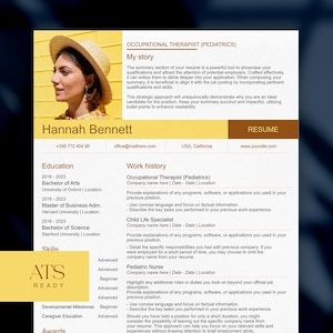 May include: A resume template with the name "Hannah Bennett" and contact information. The document includes sections for education, work history, and skills, with the text "ATS READY" in the lower left corner.