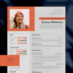 Puede incluir: Una plantilla de currículum con una foto de una mujer, una lista de habilidades, idiomas, educación, experiencia, premios y referencias. La plantilla es de estilo moderno con un esquema de color rojo y blanco.