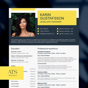 Peut inclure: Un modèle de CV avec une photo de femme, avec un design jaune et bleu foncé. Le CV comprend des sections pour l'éducation, l'expérience professionnelle et les compétences, avec le nom Karin Gustafsson, Jewellery Designer.