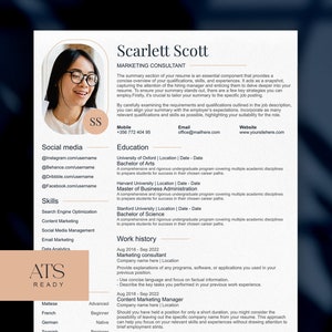 Peut inclure: Un CV pour Scarlett Scott, consultante en marketing. Le CV comprend ses coordonnées, ses liens de réseaux sociaux, ses compétences, sa formation et son expérience professionnelle. Le CV est formaté avec un design moderne et utilise une police professionnelle.