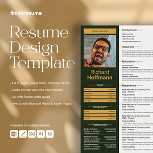 Peut inclure: Un modèle de CV vert et or avec une photo d'un homme souriant. Le modèle comprend des sections pour les compétences, les langues, les références, l'éducation et l'expérience. Le texte "Modèle de conception de CV" est en haut de la page.