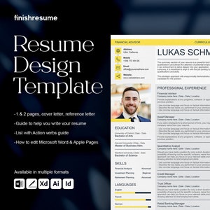 Può includere: Un modello di curriculum vitae con sfondo giallo e una foto di un uomo. Il modello include sezioni per l'istruzione, le competenze, le lingue e l'esperienza lavorativa. Il testo "Modello di curriculum vitae" è in un carattere grande nella parte superiore della pagina.