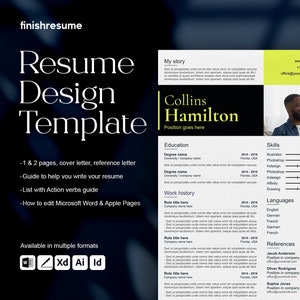 May include: A resume template design with a blue background and white text. The template includes a cover letter, reference letter, and a guide to help you write your resume. It also includes a list of action verbs and instructions on how to edit the template in Microsoft Word and Apple Pages. The template is available in multiple formats, including Word, XD, AI, and ID.