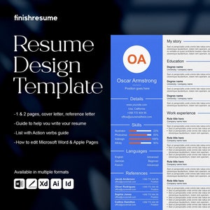 Pode incluir: Um modelo de currículo azul e laranja com o texto "Modelo de design de currículo" em branco. O modelo inclui seções para habilidades, idiomas, referências, experiência profissional, educação e história pessoal. O modelo está disponível em vários formatos, incluindo Word, XD, AI e ID.