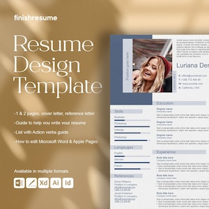 May include: A blue and grey resume template with a woman smiling in the background. The template includes sections for skills, education, experience, languages, and references. The text "Resume Design Template" is at the top of the page.