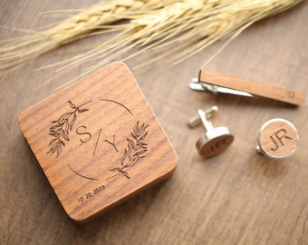 Custom Wood Cufflink With Wood Tie Clip, Engraved Cufflink With Box, Best Man Cufflinks, Wood Engraved Cufflinks, Groomsmen Proposal