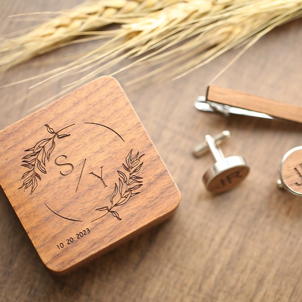 Custom Wood Cufflink With Wood Tie Clip, Engraved Cufflink With Box, Best Man Cufflinks, Wood Engraved Cufflinks, Groomsmen Proposal