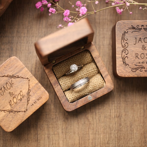 Boîte à bagues carrée en bois pour cérémonie de mariage, boîte à bagues de mariage personnalisée, boîte à bagues en bois, boîte à bagues de fiançailles, rangement pour 2 bagues