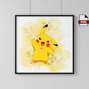 Pikachu Pokemon Impresión, Acuarela, Decoración del dormitorio de los niños, Decoración del hogar, Regalo de cumpleaños, Transparente / Descarga digital imprimible instantánea /