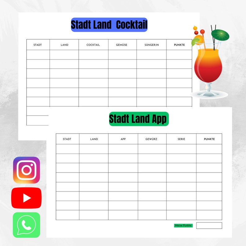 May include: A printable game sheet with the title "Stadt Land Cocktail" and "Stadt Land App". The sheet is divided into columns with headings in German: Stadt, Land, Cocktail, Gem&uuml;se, S&auml;ngerin, Punkte, App, Gew&uuml;rz, Serie, Punkte. There is a blank space for players to write their answers.