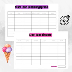 May include: A printable game sheet with two sections. The top section is titled "Stadt Land Scheidungsgrund" and has columns for city, country, reason for divorce, famous person, drink, and points. The bottom section is titled "Stadt Land Eissorte" and has columns for city, country, ice cream flavor, brand, color, and points.