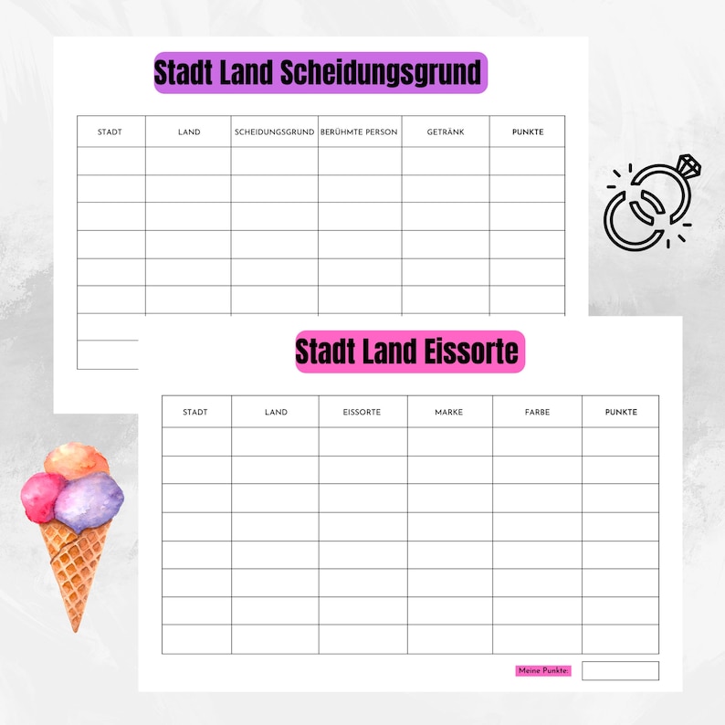 May include: A printable game sheet with two sections. The top section is titled "Stadt Land Scheidungsgrund" and has columns for city, country, reason for divorce, famous person, drink, and points. The bottom section is titled "Stadt Land Eissorte" and has columns for city, country, ice cream flavor, brand, color, and points.