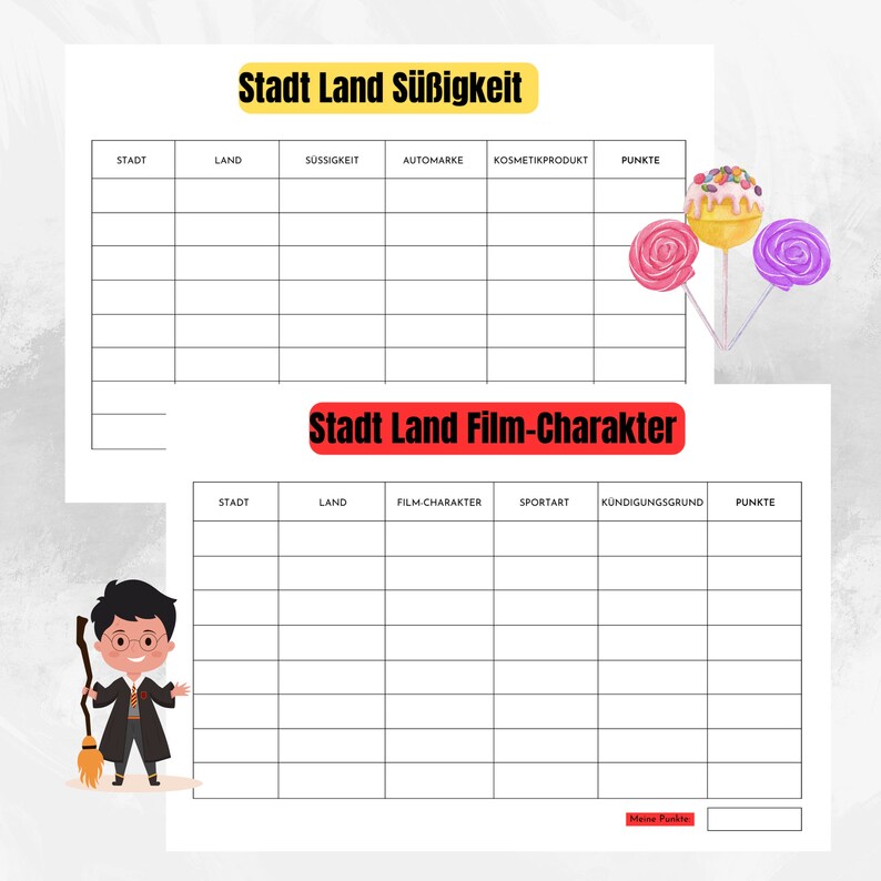 May include: A printable game board for the German game "Stadt Land Fluss". The game board has two sections, one for "S&uuml;&szlig;igkeit" (sweets) and one for "Film-Charakter" (film characters). The game board is black and white with red and yellow accents.