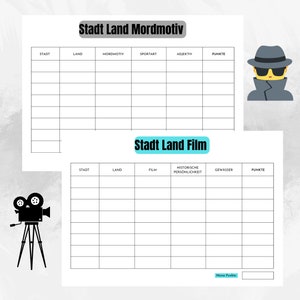 May include: A printable game board for the game "Stadt Land Mordmotiv" with categories for city, country, murder motive, sport, adjective, and points. A printable game board for the game "Stadt Land Film" with categories for city, country, film, historical personality, body of water, and points.