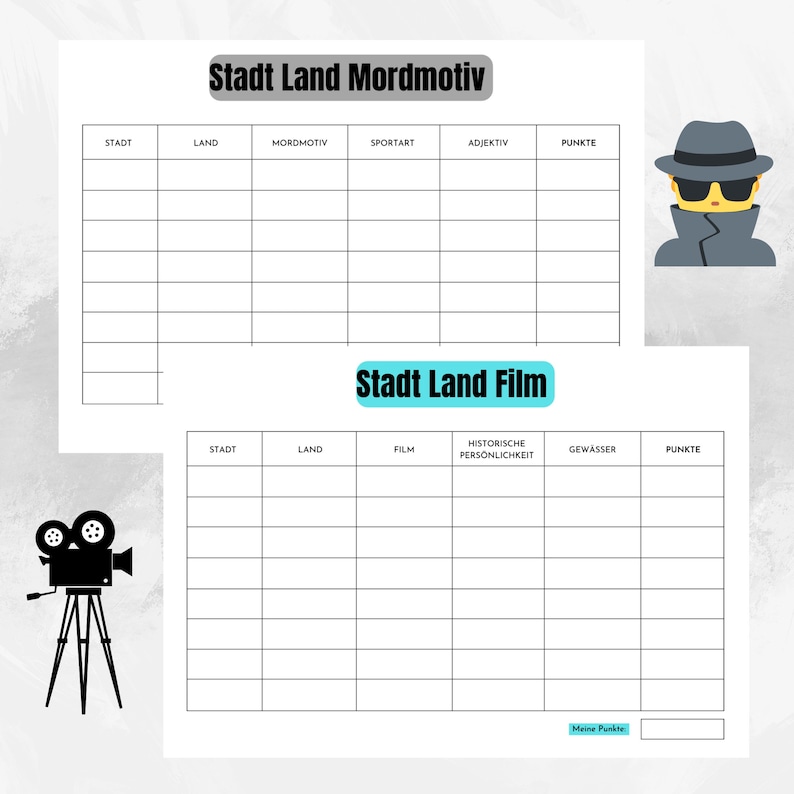 May include: A printable game board for the game "Stadt Land Mordmotiv" with categories for city, country, murder motive, sport, adjective, and points. A printable game board for the game "Stadt Land Film" with categories for city, country, film, historical personality, body of water, and points.