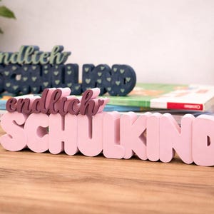 Pode incluir: Placa de madeira que diz "endlich SCHULKIND" em rosa e roxo escuro. A palavra "SCHULKIND" está em letras grandes. Uma segunda placa no fundo diz "endlich SCHULKIND" em azul e verde. Livros e plantas também estão na imagem.