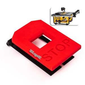 May include: A red and black table saw safety accessory with the word "STOP" printed on it. The accessory is designed to fit a table saw and is likely used to prevent accidents. The logo "3DLogoGZ" is printed on the side.