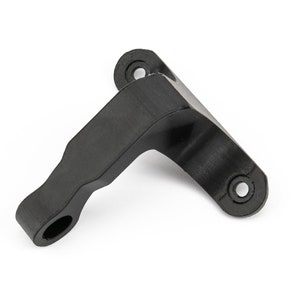 May include: Black plastic 3D printed part with a curved arm and a hole in the end. The part has two mounting holes on the base.