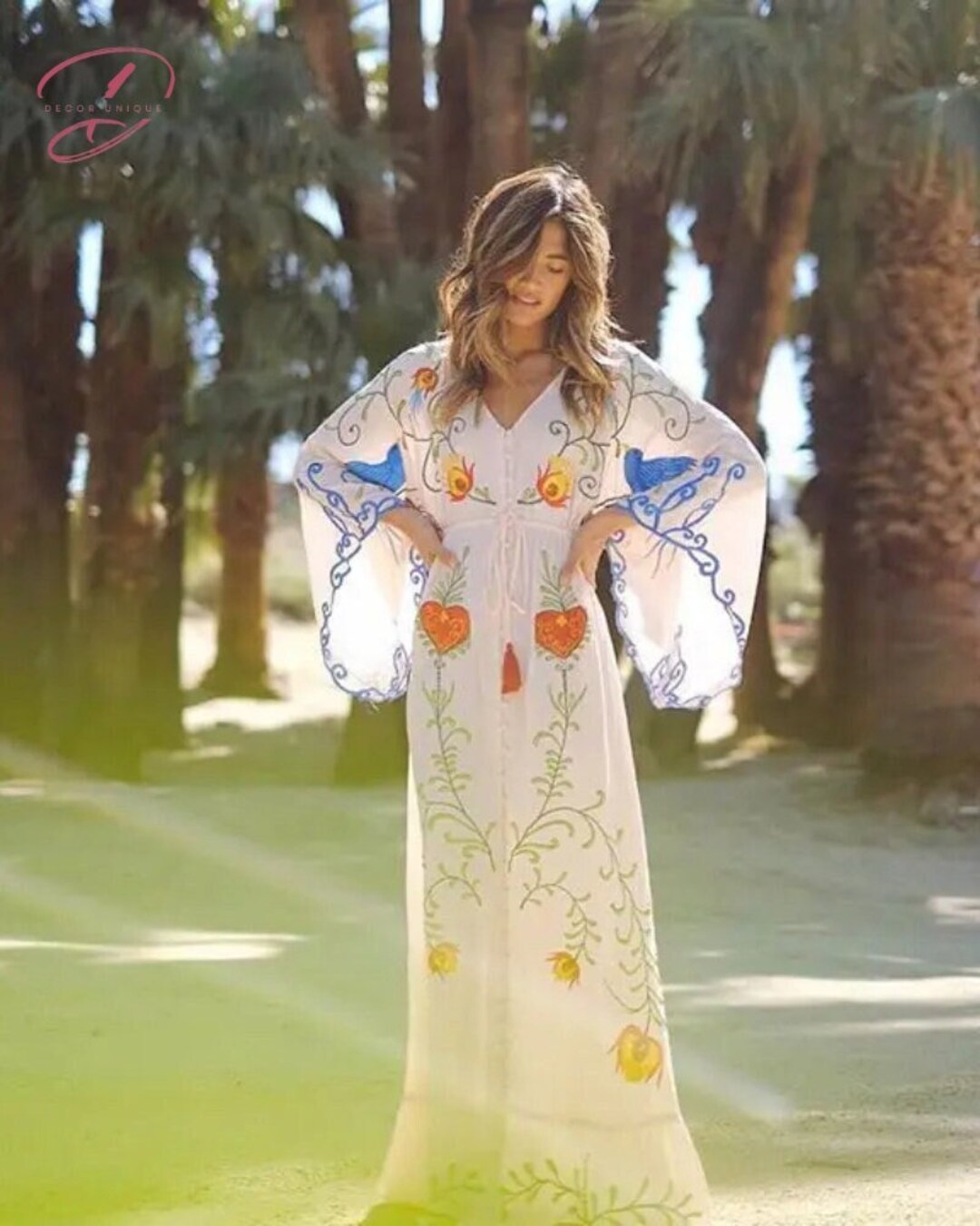 Embroidered Flower Dress Boho Embroidered Dress With Loose Vneck