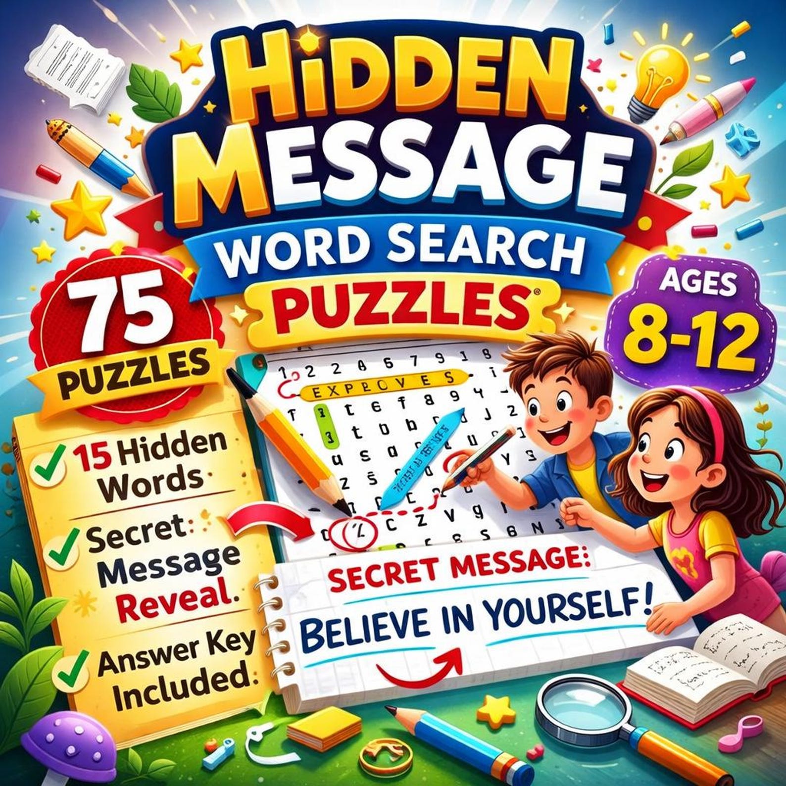 Message Word Hunt Word Search Printable for Kids — 75 Hidden Message Brain Teasers | Ages ...