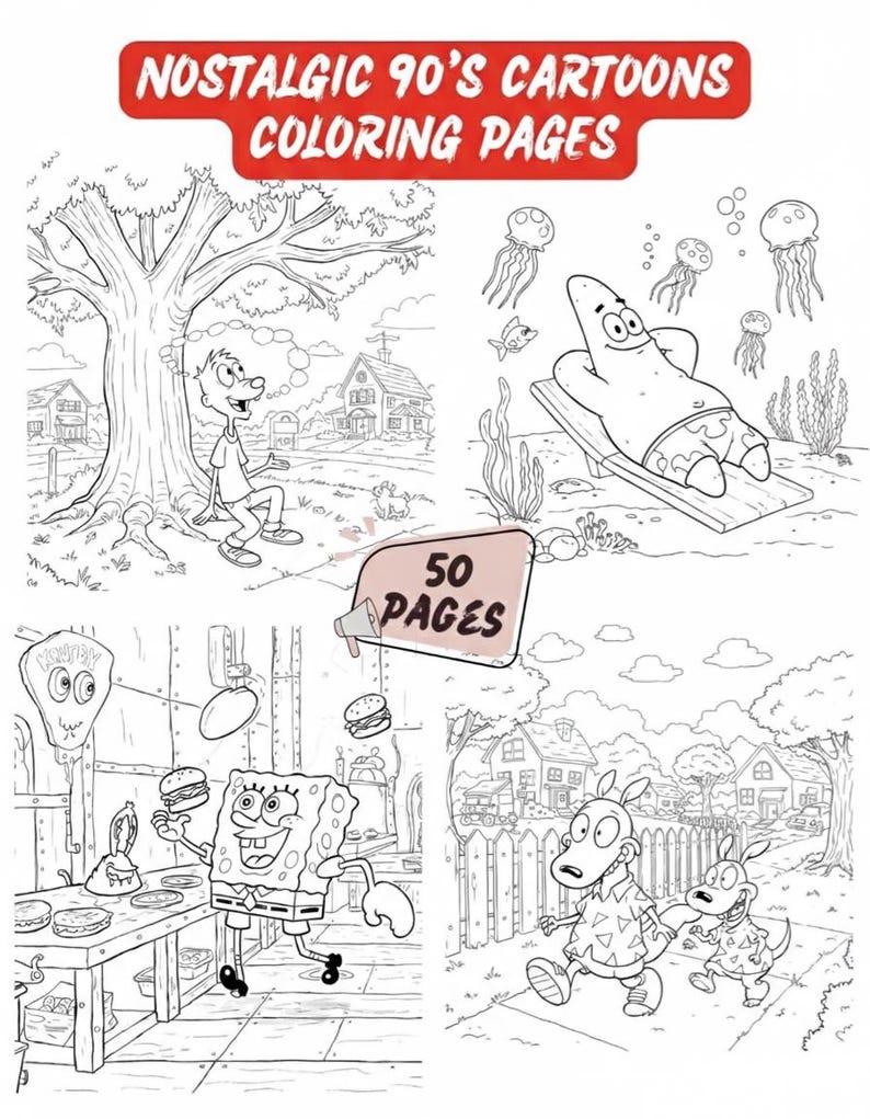 Retro Cartoon Coloring Pages Printable PDF - 50 Nostalgic 90s Style Illustrations | Kids Teens Adults Coloring Book Instant Download image 3