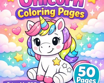 Dibujos para colorear de unicornios en PDF imprimibles: 50 diseños mágicos / Para niños, niñas y adultos. Descarga instantánea.