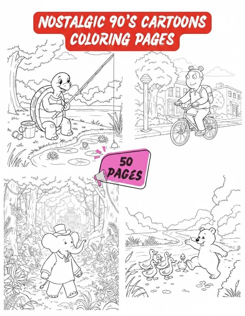 Retro Cartoon Coloring Pages Printable PDF - 50 Nostalgic 90s Style Illustrations | Kids Teens Adults Coloring Book Instant Download image 4