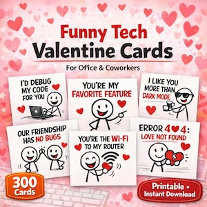 Puede incluir: Un conjunto de tarjetas de San Valentín con juegos de palabras tecnológicos. Las tarjetas presentan figuras de palitos y corazones, con frases como «Depuraría mi código por ti» y «Eres mi función favorita». Diseñadas para la oficina y los compañeros de trabajo.