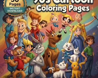 Retro Cartoon Coloring Pages Printable PDF - 50 Nostalgic 90s Style Illustrations | Kids Teens Adults Coloring Book Instant Download