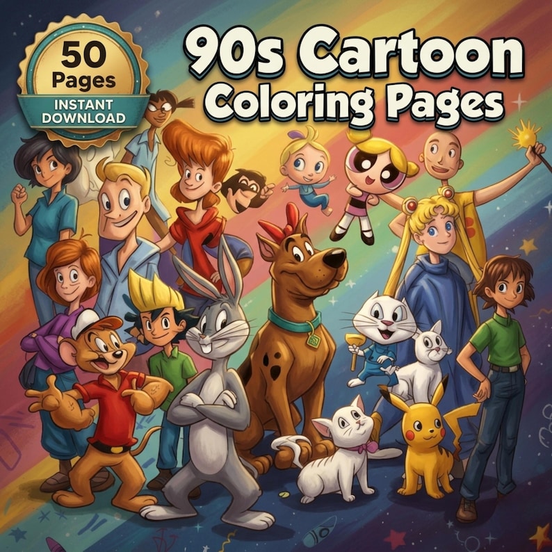 Retro Cartoon Coloring Pages Printable PDF - 50 Nostalgic 90s Style Illustrations | Kids Teens Adults Coloring Book Instant Download image 1